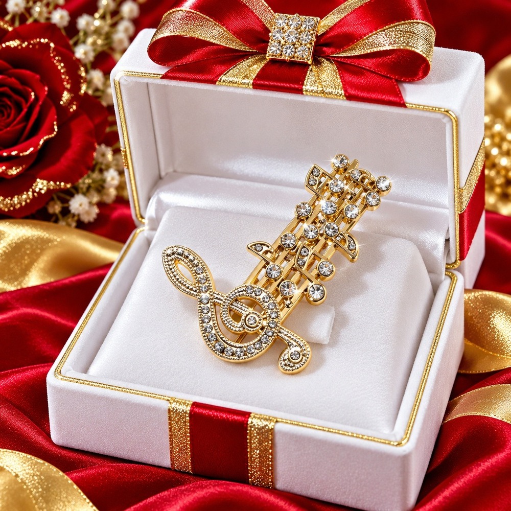 Gold Tone Treble Clef Music Note Rhinestone Brooch Pin for Women Musical Jewelry